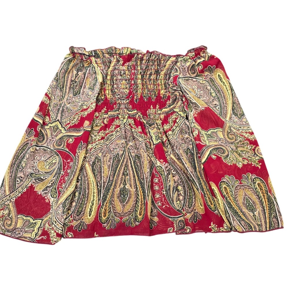 Poema Paisley Smocked Off Shoulder Blouse Girl's‎ Size Small Red Green  Made USA